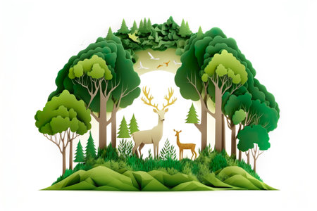 Paper art , jungle or forest with Christmas tree, mountain, deer, birds, wallpaper background , Generative Aiの素材