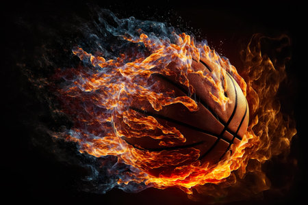 Hot basketball in fires flame symbol on the black background , Generative Aiの素材