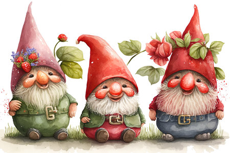 Set of watercolor gnomes sweet strawberry , family of gnomes drawings isolated on white background , Generate Aiの素材