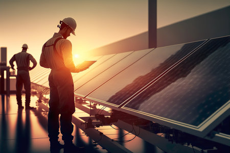 Technology solar cell , Silhouette technician inspection and repair solar cell, Generative Aiの素材