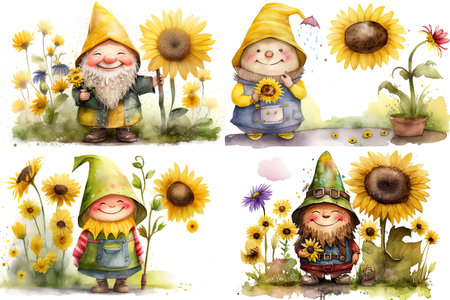 Set of watercolor gnomes sweet with sunflower , family of gnomes drawings isolated on white background , Generate Aiの素材