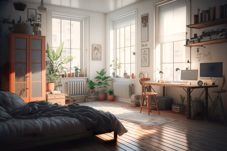 Modern Living room ,Living room studio apartment with contemporary beige cloth couch , Generative Aiの素材
