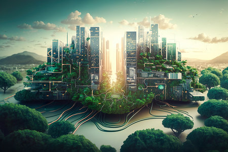 Futuristic Smart city on circuit board , Abstract Computer Circuit Cyberspace , Technology circuit cyberspace design created with Generative Aiの素材