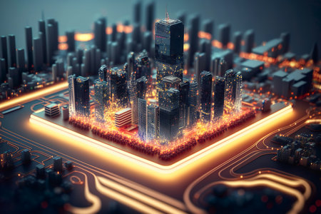 Futuristic Smart city on circuit board , Abstract Computer Circuit Cyberspace , Technology circuit cyberspace design created with Generative Aiの素材