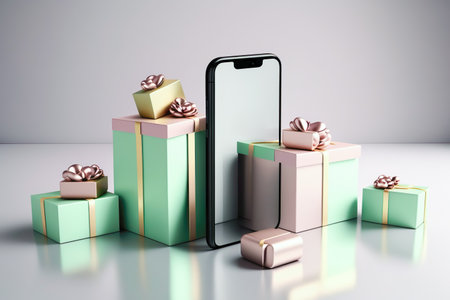 3D Online store via mobile phone set on podium with gift boxes , 3d web banner of smartphone online shopping , generative aiの素材
