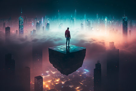 Man standing on a rooftop looking at a smart cityscape of futuristic at night , Vision skyline during a misty nightの素材