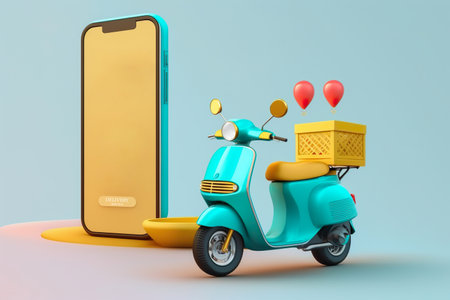 3D render , Shopping Online delivery service on a mobile by scooter , Generative Aiの素材