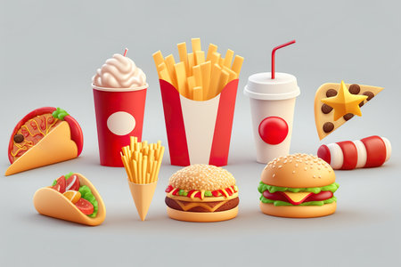 3d render , Fast food set hamburger , fries potatoes, pizza , soft drink , Generative Aiの素材