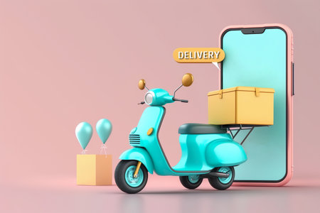 3D render , Shopping Online delivery service on a mobile by scooter , Generative Aiの素材