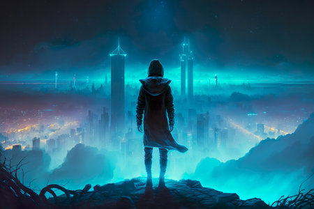 Man standing on a rooftop looking at a smart cityscape of futuristic at night , Vision skyline during a misty nightの素材