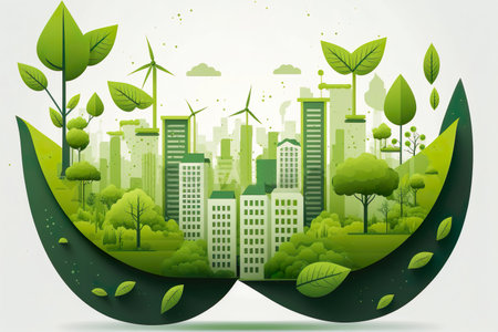 Paper art , Ecology city with environmentally friendly on leaf , modern style world environment day and sustainable development , save the world conceptの素材