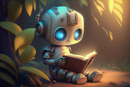 Robot child reading a book , Robot education a bookの素材