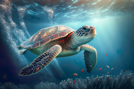Sea turtle swimming in the under sea , Beautiful Underwater and colorfull coral in wild nature of the Pacific Ocean , Generate Aiの素材
