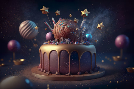 Celebration party birthday cake with lots of icing and decorations, Generative Aiの素材