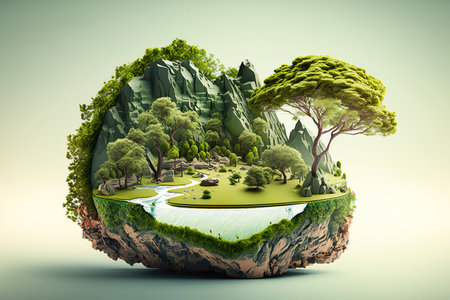 3D land with mountain isolated , Piece of earth land green field , Generate AIの素材