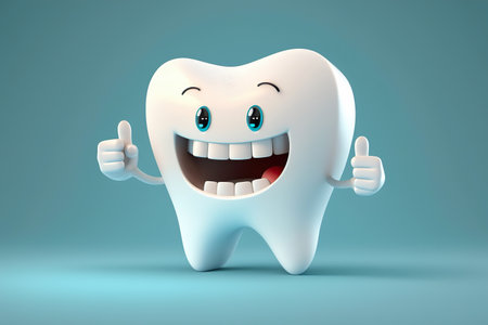 3D realistic happy white tooth , Tooth cartoon characters with thumbs up on bright background , Cleaning and whitening teeth concept, Generate Aiの素材