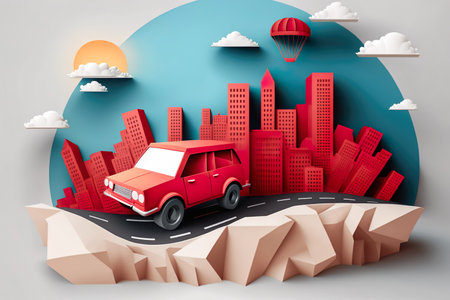 Paper art , Car on a road , one day trip in the summer , Escape from the city with goes on holiday weekend , Generate AIの素材