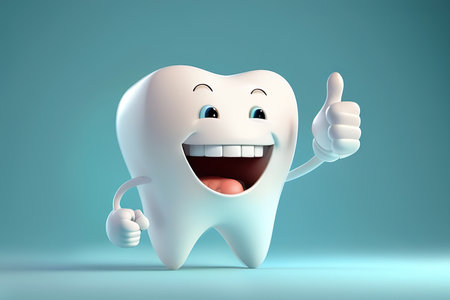 3D realistic happy white tooth , Tooth cartoon characters with thumbs up on bright background , Cleaning and whitening teeth concept, Generate Aiの素材