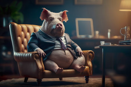 Pig wearing a classy suit sitting in the executive chair , Generate AIの素材