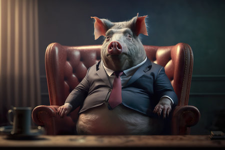 Pig wearing a classy suit sitting in the executive chair , Generate AIの素材