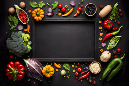 Fresh delicious ingredients of organic food for healthy cooking , Fresh farmer vegetables on a black chalkboard background , Generate Aiの素材