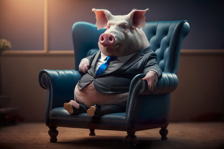 Pig wearing a classy suit sitting in the executive chair , Generate AIの素材