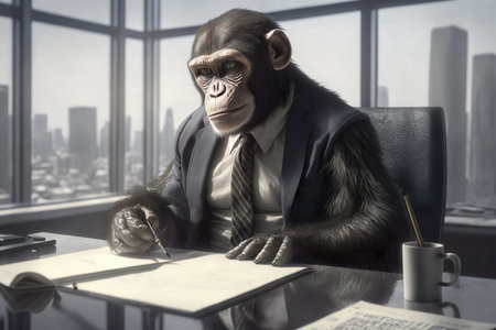 Monkey wearing suit in office , Businessman monkey sitting at office , Generative Aiの素材