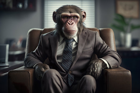 Monkey wearing suit in office , Businessman monkey sitting at office , Generative Aiの素材