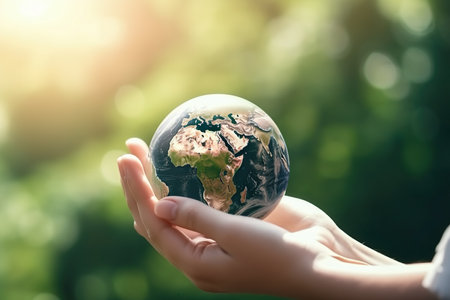 Hand holding the earth with global environmental for Reduce CO2 emission , renewable energy and green business concept , Generate Aiの素材
