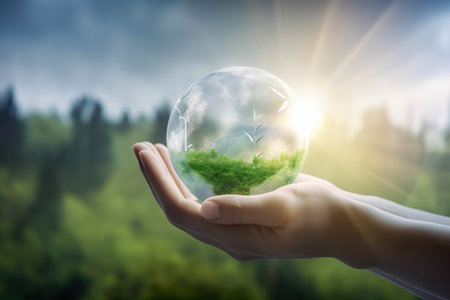 Hand holding the earth with global environmental for Reduce CO2 emission , renewable energy and green business concept , Generate Aiの素材