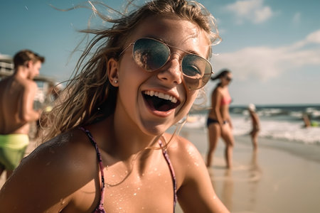 young women swimming at the sea beach and playing in sea water on tropical beach , Happy summer vacation lifestyle on beach holiday , Generate Aiの素材