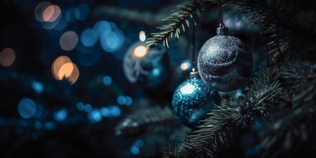 Christmas Tree with Decoration red balls and lights In abstract defocused background , Bokeh garlands in the background. New Year concept , Generate Aiの素材