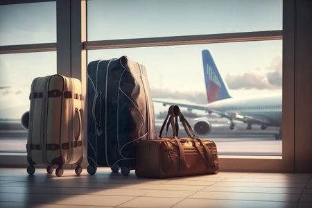 Traveling luggage in airport terminal of a bay window at airport , Generate Aiの素材