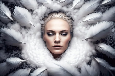 Portrait of beautiful face skin women in white feathers background , Advertising of skincare treatment cosmetics , Generate Aiの素材