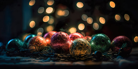 Christmas Tree with Decoration red balls and lights In abstract defocused background , Bokeh garlands in the background. New Year concept , Generate Aiの素材