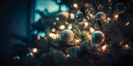 Christmas Tree with Decoration red balls and lights In abstract defocused background , Bokeh garlands in the background. New Year concept , Generate Aiの素材