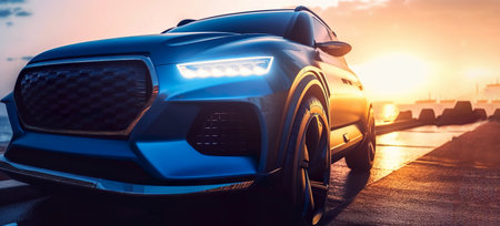 Compact SUV car and modern design on concrete road at the sea of beautiful sunset background , Front view of luxury new SUV car , Generate Aiの素材