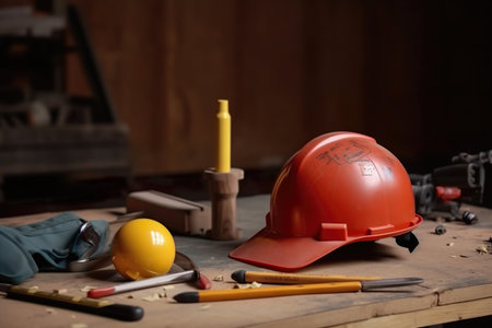 Safety helmet and the blueprint on desks at construction site , Start up plan new project contract engineering  in office center , Generate Aiの素材