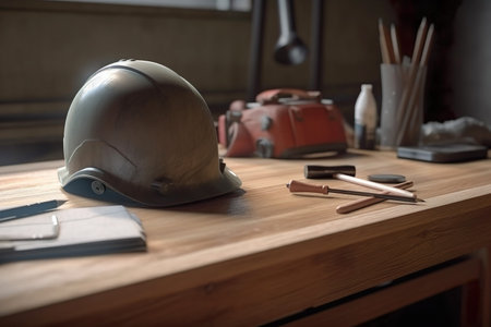 Safety helmet and the blueprint on desks at construction site , Start up plan new project contract engineering  in office center , Generate Aiの素材