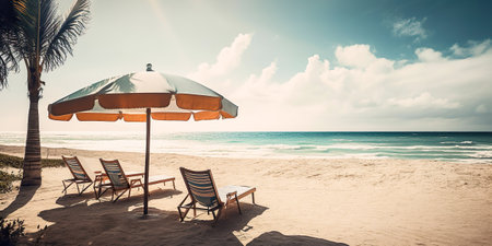 Chairs and umbrella on the beach on island vacation holiday , Beach summer relax in the sun , Generate Aiの素材