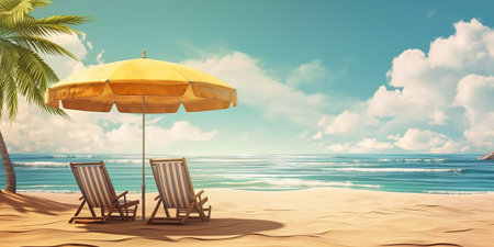 Chairs and umbrella on the beach on island vacation holiday , Beach summer relax in the sun , Generate Aiの素材