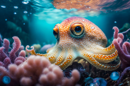 Octopus swimming in the under sea , Beautiful Underwater and colorfull coral in wild nature of the Pacific Ocean , Generate Aiの素材