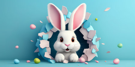 Happy Easter Day Concept , Rabbit peeking out of a hole in paper wall , Generate Aiの素材