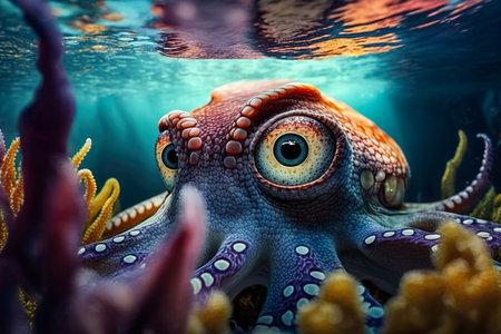Octopus swimming in the under sea , Beautiful Underwater and colorfull coral in wild nature of the Pacific Ocean , Generate Aiの素材