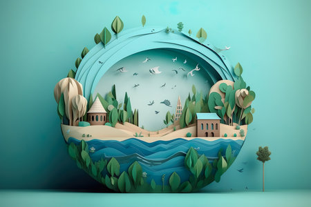 Paper art , Ecology and world water day , Saving water and world Environment day , Environmental protection and save earth water , Generate Aiの素材