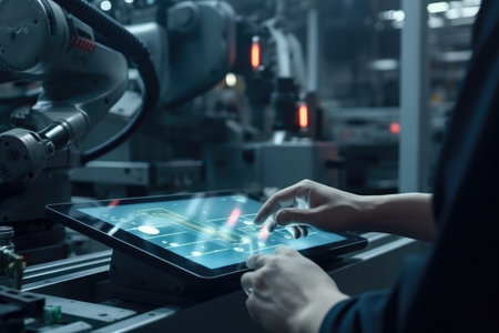 Engineer using digital tablet checking on monitoring system software , Smart factory automotive industrial with tablet real time , Generate Aiの素材