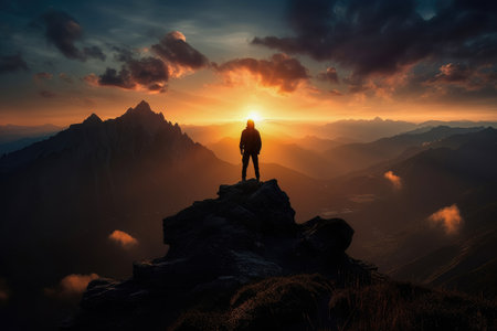 Silhouette of a triumphant individual standing a mountain peak , Leadership Concept , Generate Aiの素材