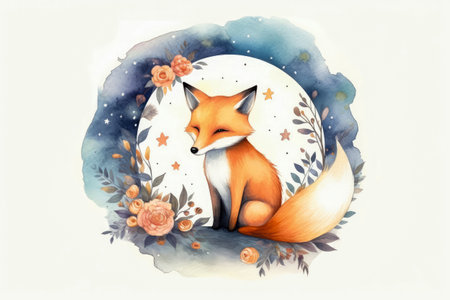 Watercolor Cute Fox on the Moon isolated background , for sell the products you print such as shirts, hats, cups, stickers , Generative Aiの素材