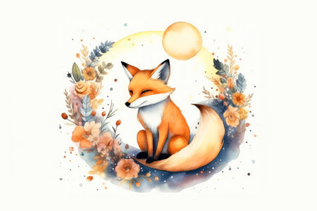 Watercolor Cute Fox on the Moon isolated background , for sell the products you print such as shirts, hats, cups, stickers , Generative Aiの素材