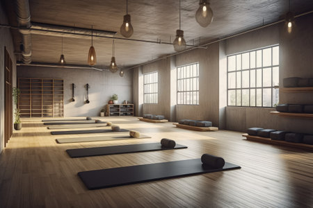 Modern yoga gym interior with unrolled yoga mats equipment , Sports gym exercises , Healthy lifestyle , Generate Aiの素材